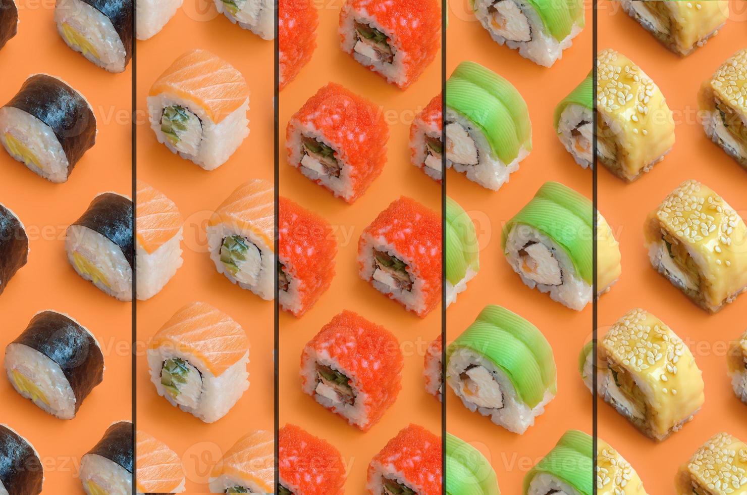 colagem com diferentes tipos de rolos de sushi asiáticos em fundo laranja. minimalismo vista superior plana padrão leigo com comida japonesa foto