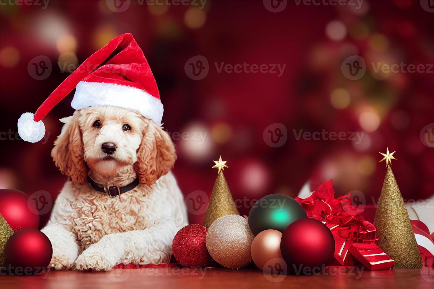 adorável cão goldendoodle com um chapéu de papai noel e decorações de natal, cena de natal fofa foto