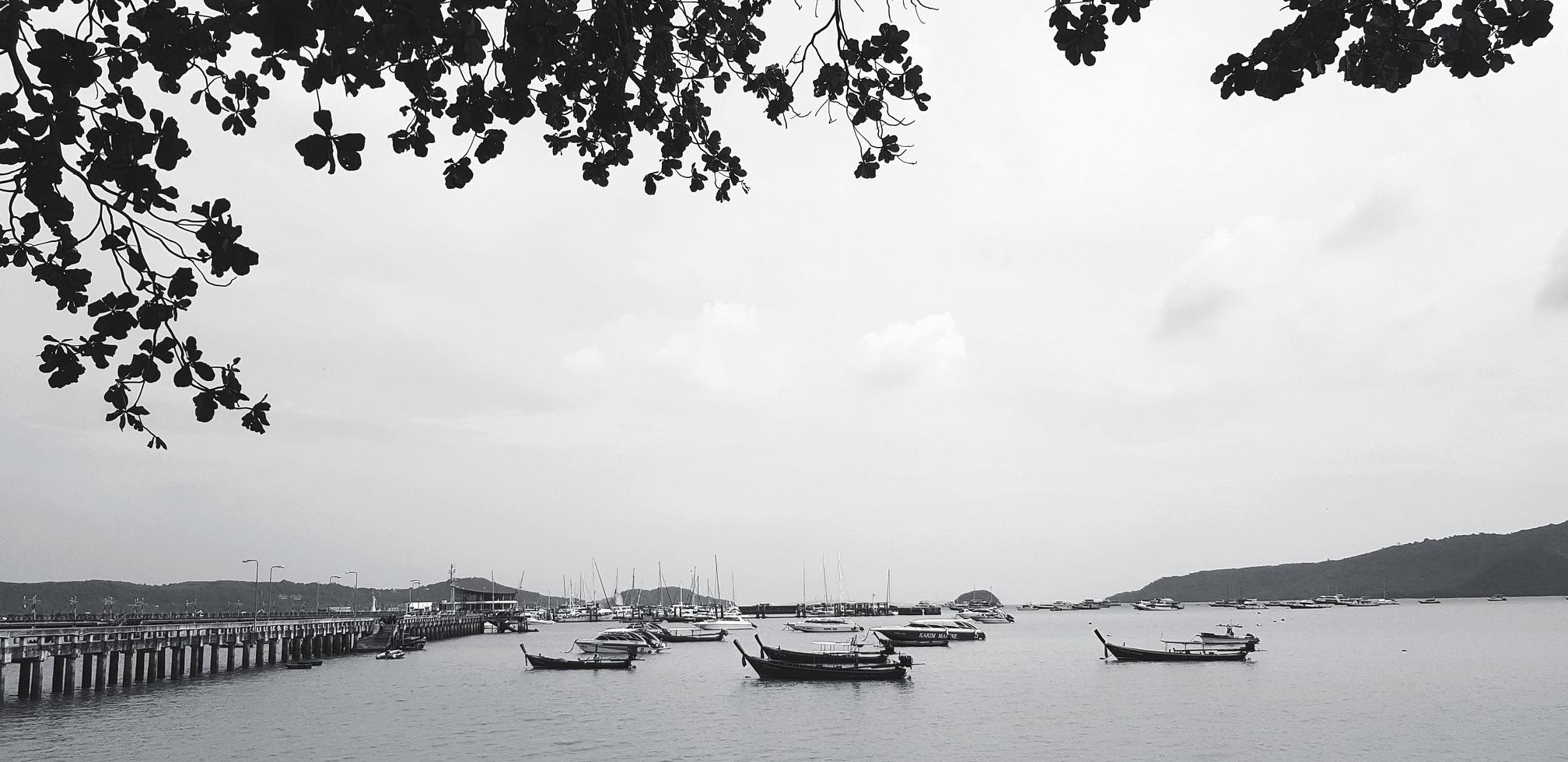 longa ponte entre mar ou oceano com muitos barcos e fundo de céu branco no porto de phuket, tailândia. vista do mar com montanha e natural e folhas em primeiro plano em tom preto e branco ou monocromático. foto