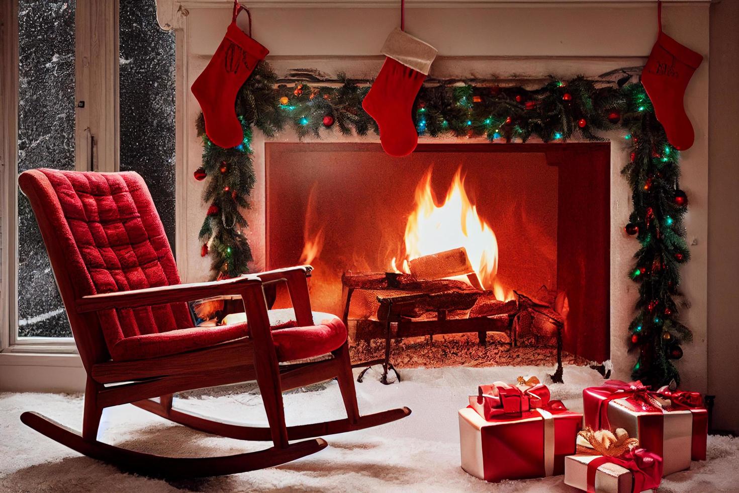 cadeira de balanço na frente de uma lareira, clima de natal, casa aconchegante. ilustração 3D foto