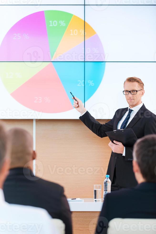 apresentação na sala de conferências. jovem confiante em trajes formais, apontando a tela de projeção com gráfico enquanto faz apresentação na sala de conferências com pessoas em primeiro plano foto