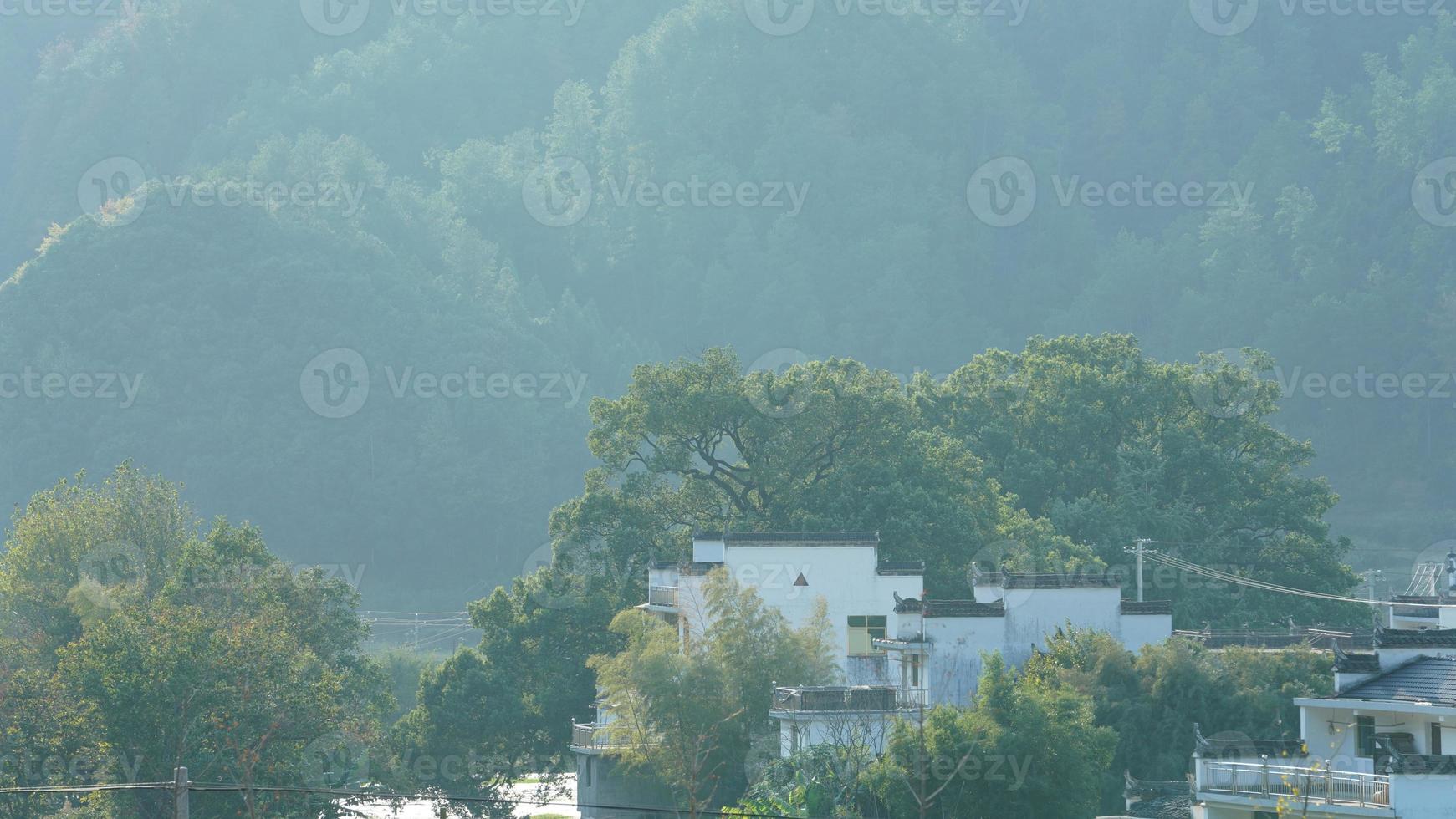 a bela vista da vila tradicional chinesa com a arquitetura clássica e árvores verdes frescas como pano de fundo foto