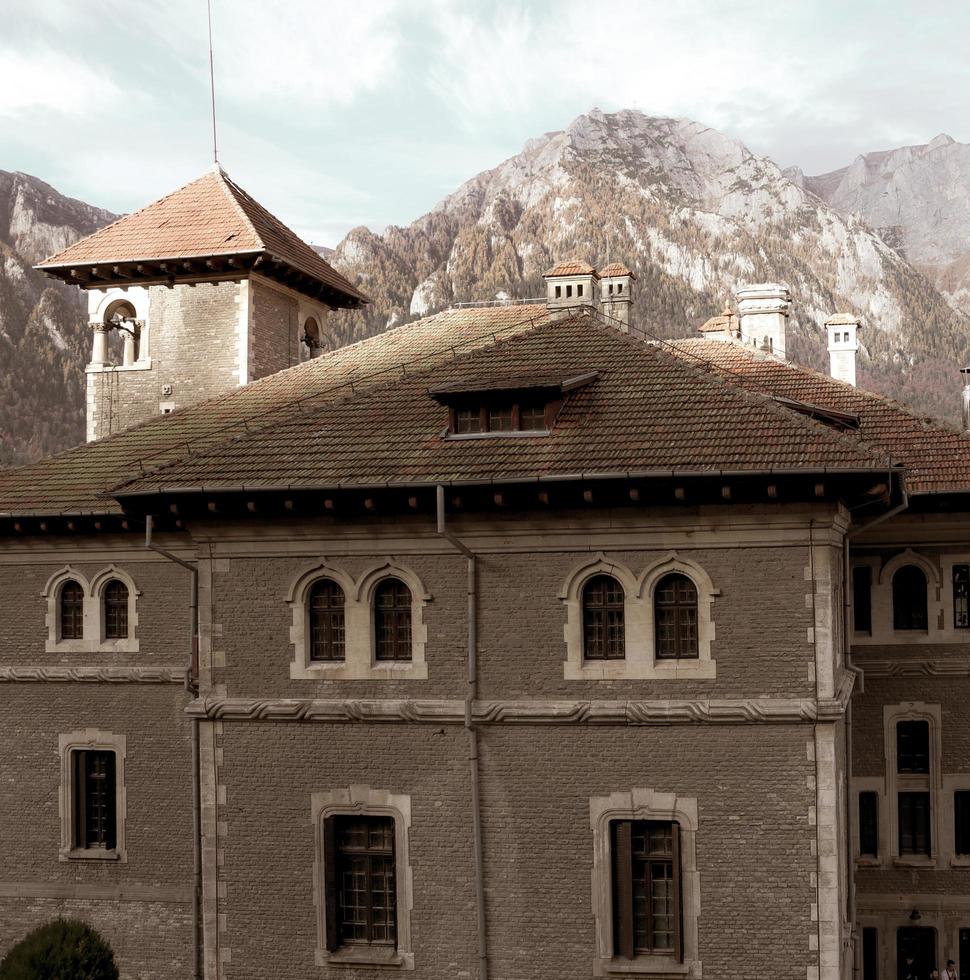 vista panorâmica que inclui as montanhas e o telhado do castelo cantacuzino, busteni foto