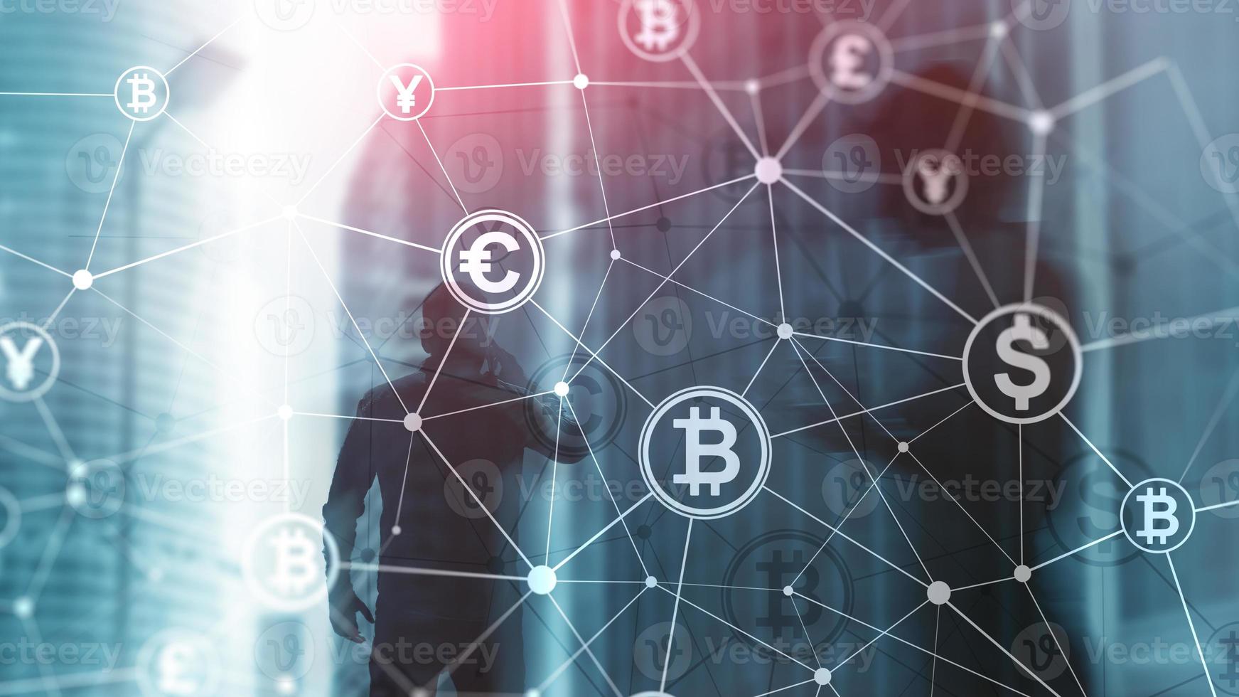 conceito de bitcoin e blockchain de dupla exposição. economia digital e comércio de moeda. foto