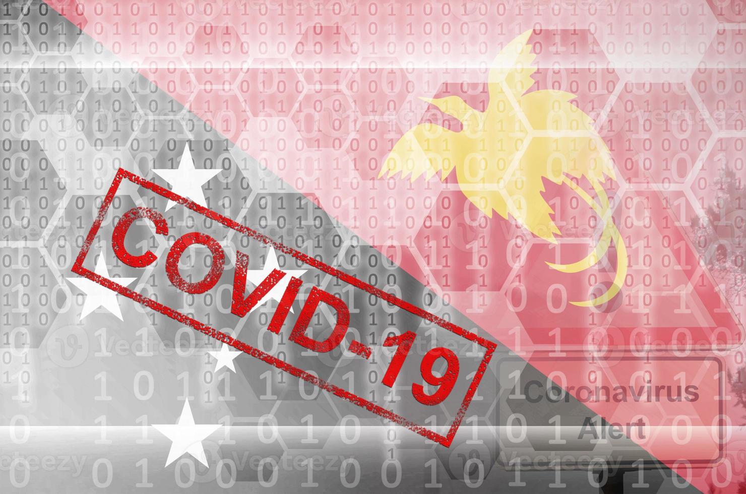 bandeira de papua nova guiné e composição abstrata digital futurista com carimbo covid-19. conceito de surto de coronavírus foto