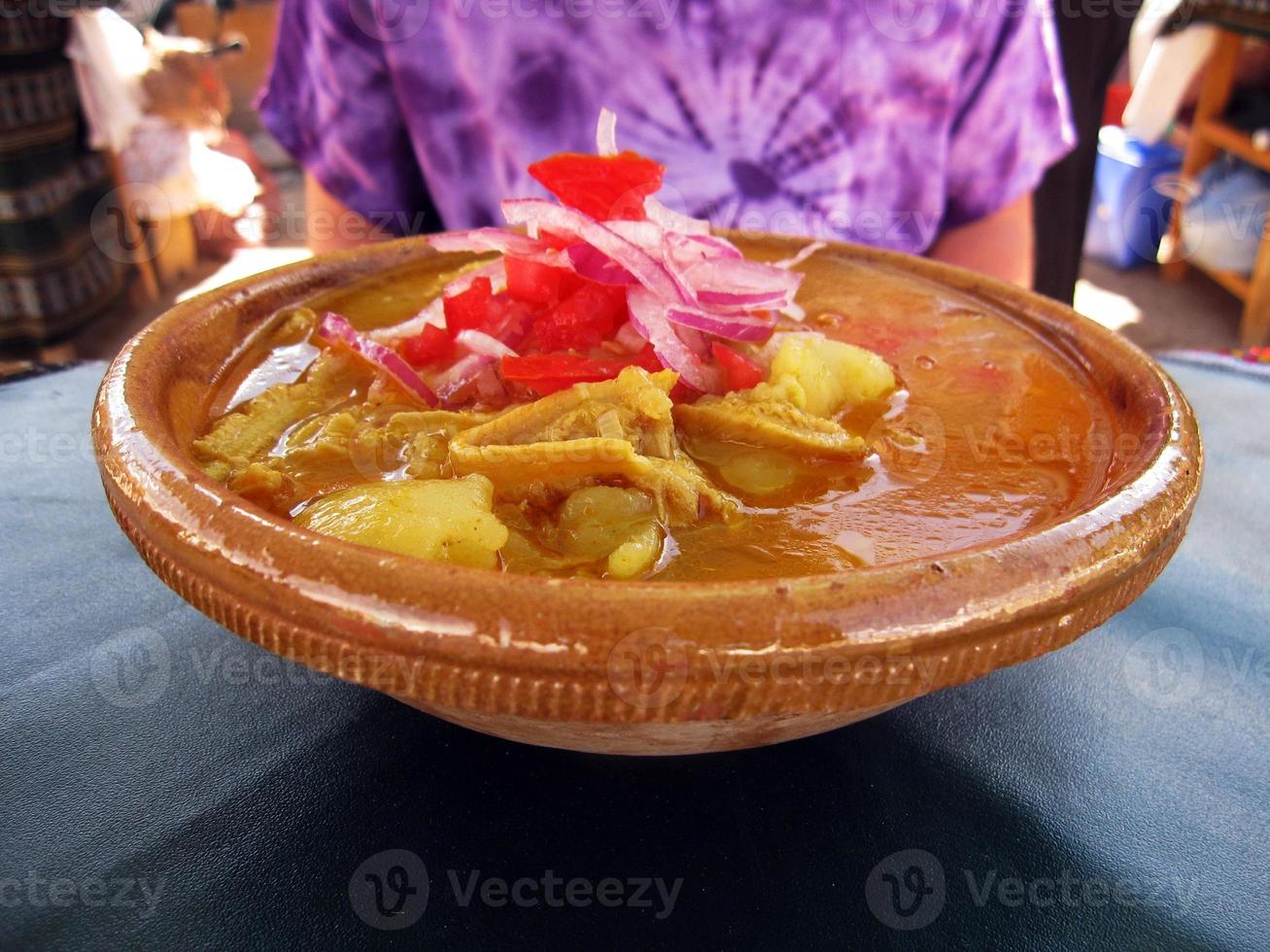 guisado de carne com batatas servido em uma tigela de barro, comida boliviana foto