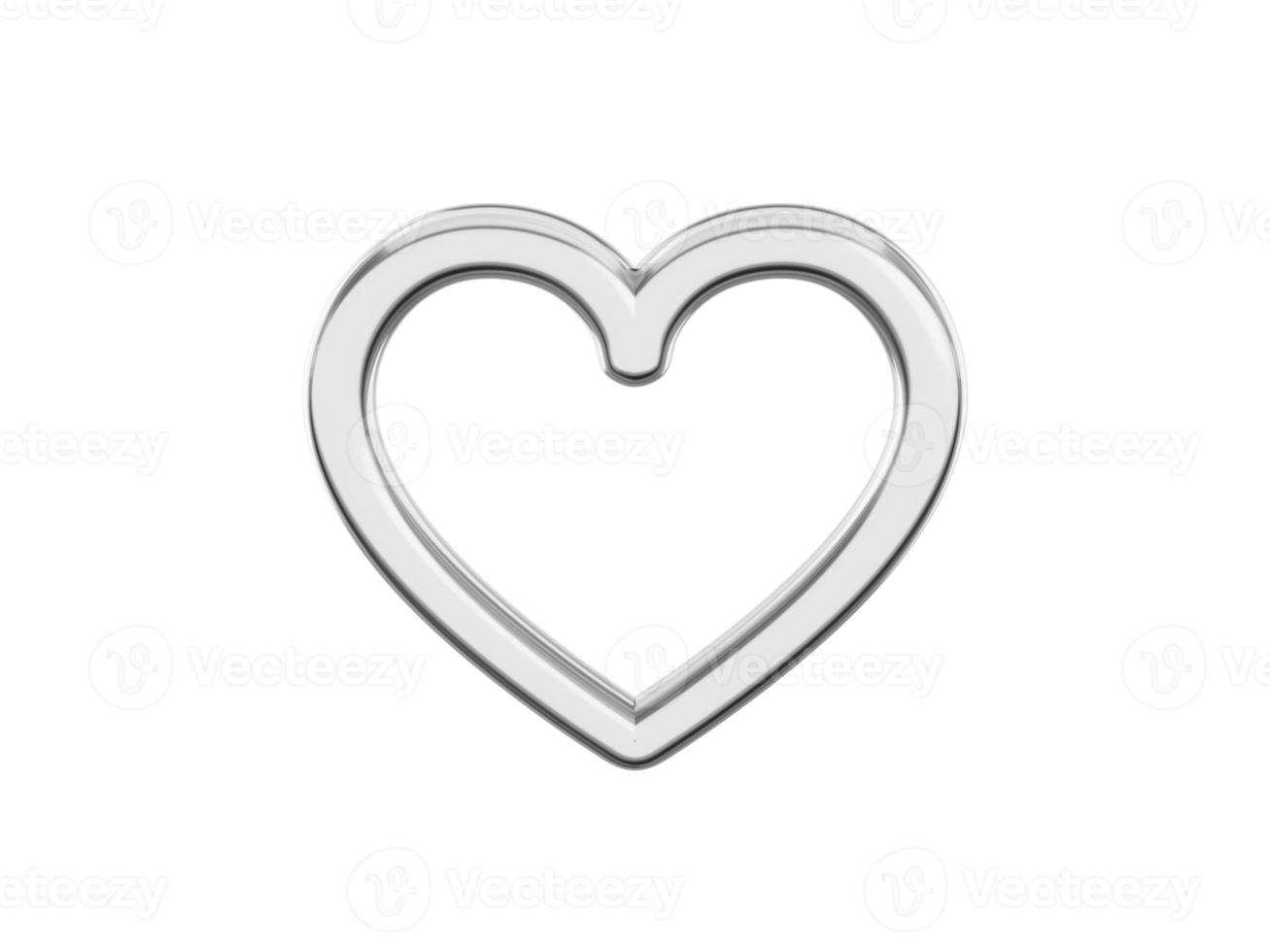 símbolo do amor. coração de metal de brinquedo. prata uma cor. em um fundo liso branco. vista frontal. renderização 3D. foto