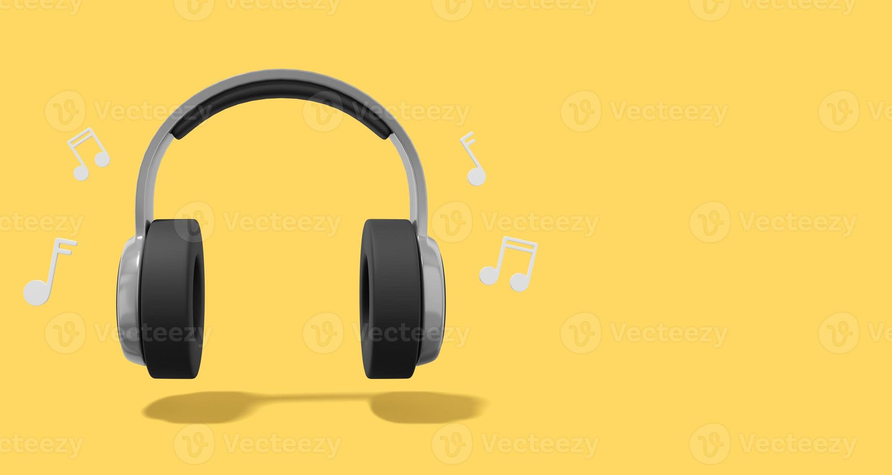 renderização 3D. fones de ouvido cinza realistas com notas musicais em fundo amarelo com espaço para texto. vista frontal. foto