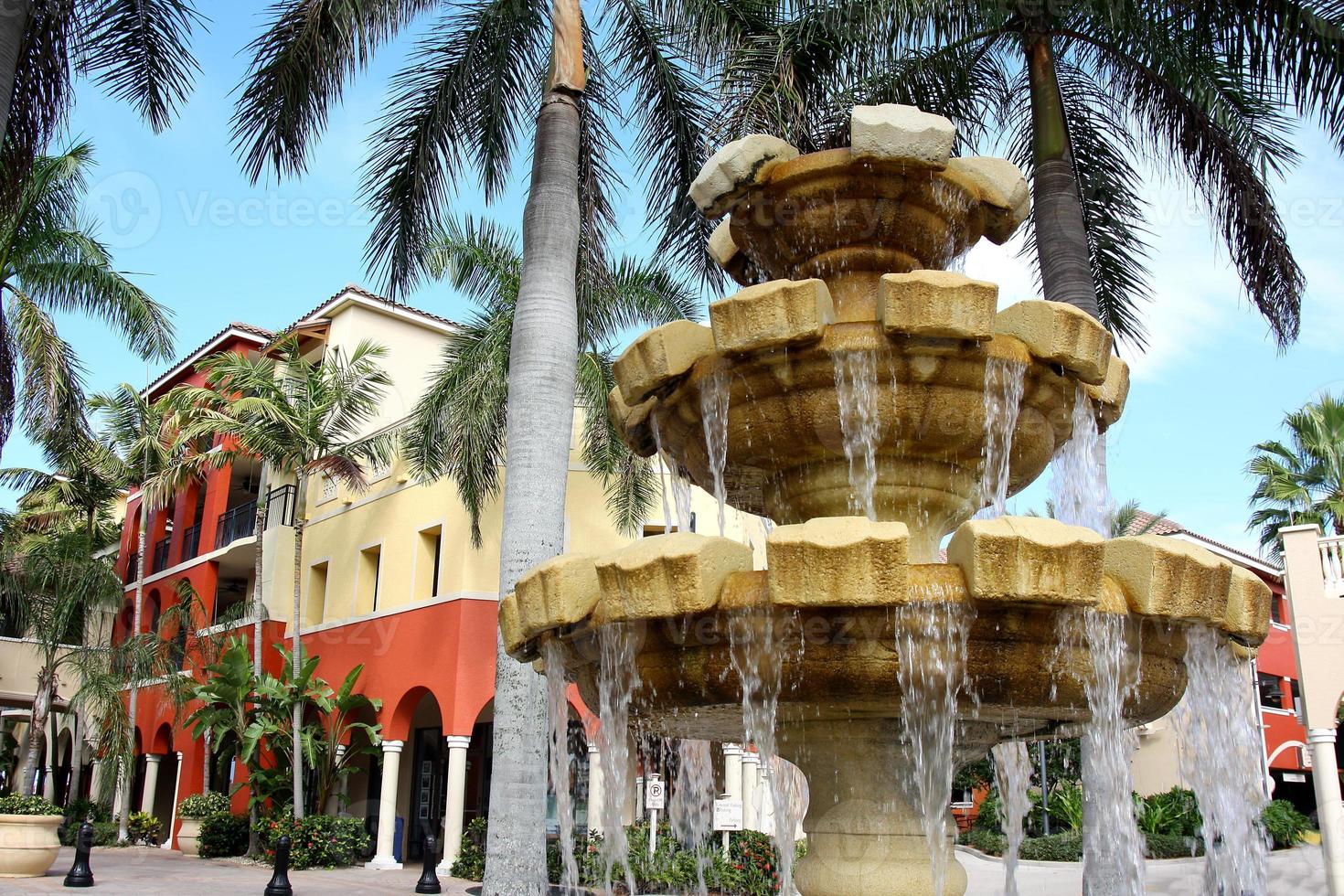fonte de água em frente a um edifício colorido e palmeiras foto