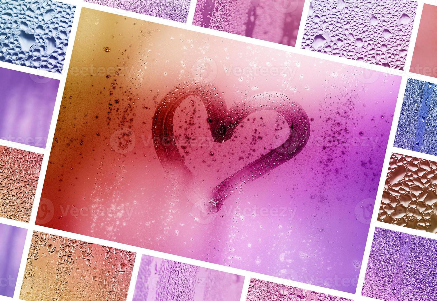 uma colagem de muitos fragmentos diferentes de vidro, decorada com gotas de chuva do condensado e coração pintado no centro foto