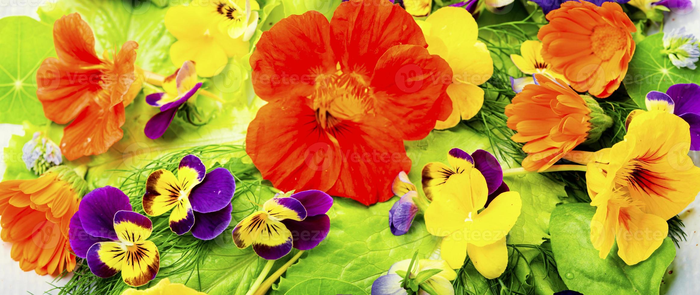 salada de primavera com verduras e flores comestíveis, fundo de comida foto