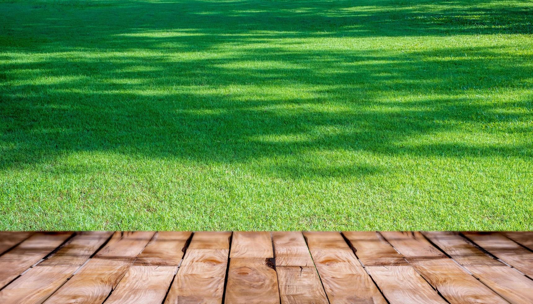 belo piso de madeira e fundo de natureza de gramado verde, fundo de vitrine em pé de produto agrícola foto