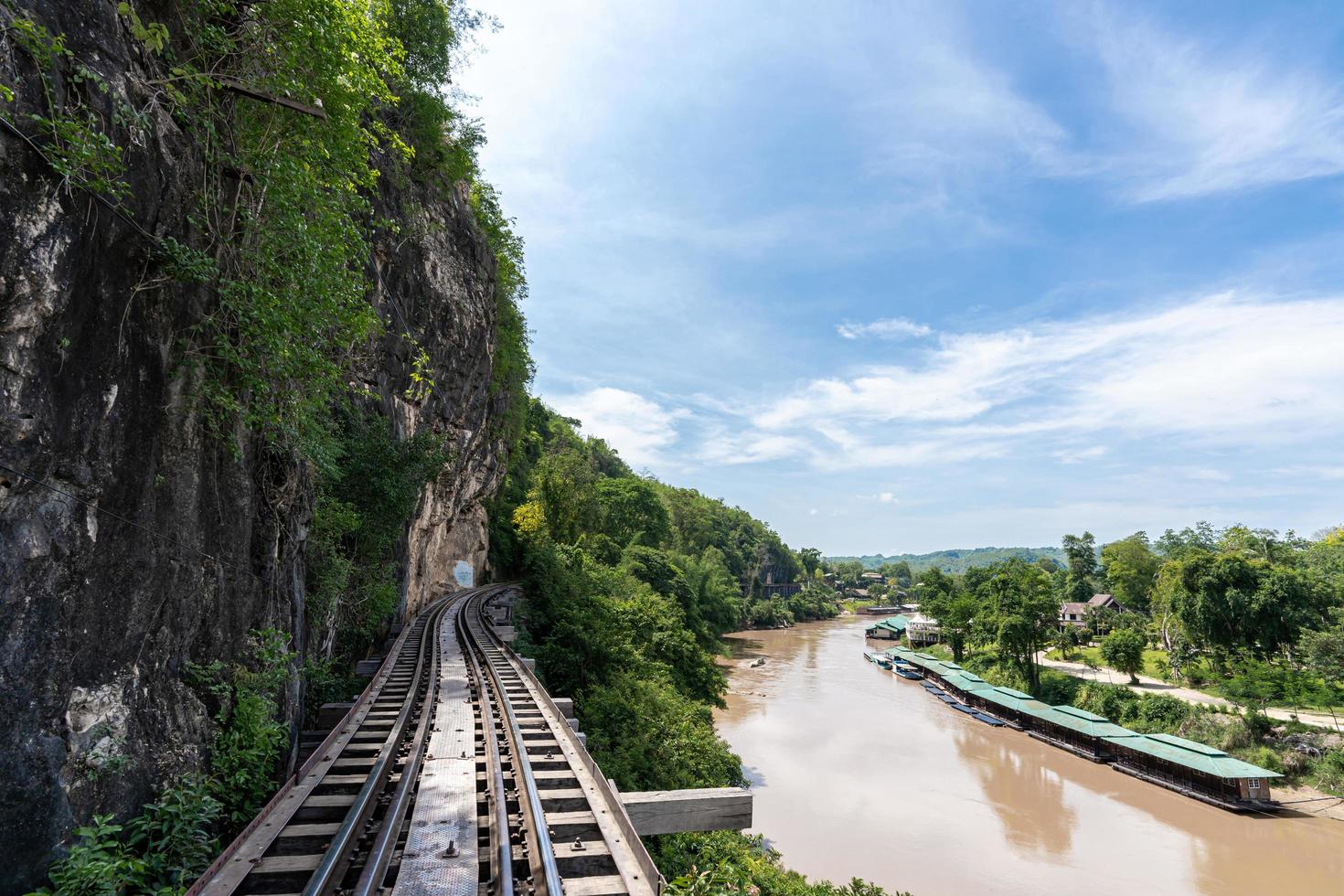a ferrovia no sopé da montanha, ao lado do rio e do céu azul, tham krasae, marco da província de kanchanaburi da tailândia foto