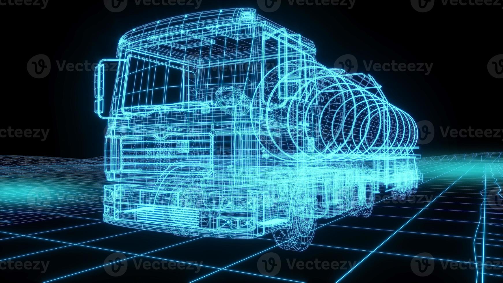 ilustração de renderização 3d planta de caminhão de petróleo brilhante holograma de néon mostra futurista segurança de tecnologia para transporte de finanças de negócios de produtos premium foto