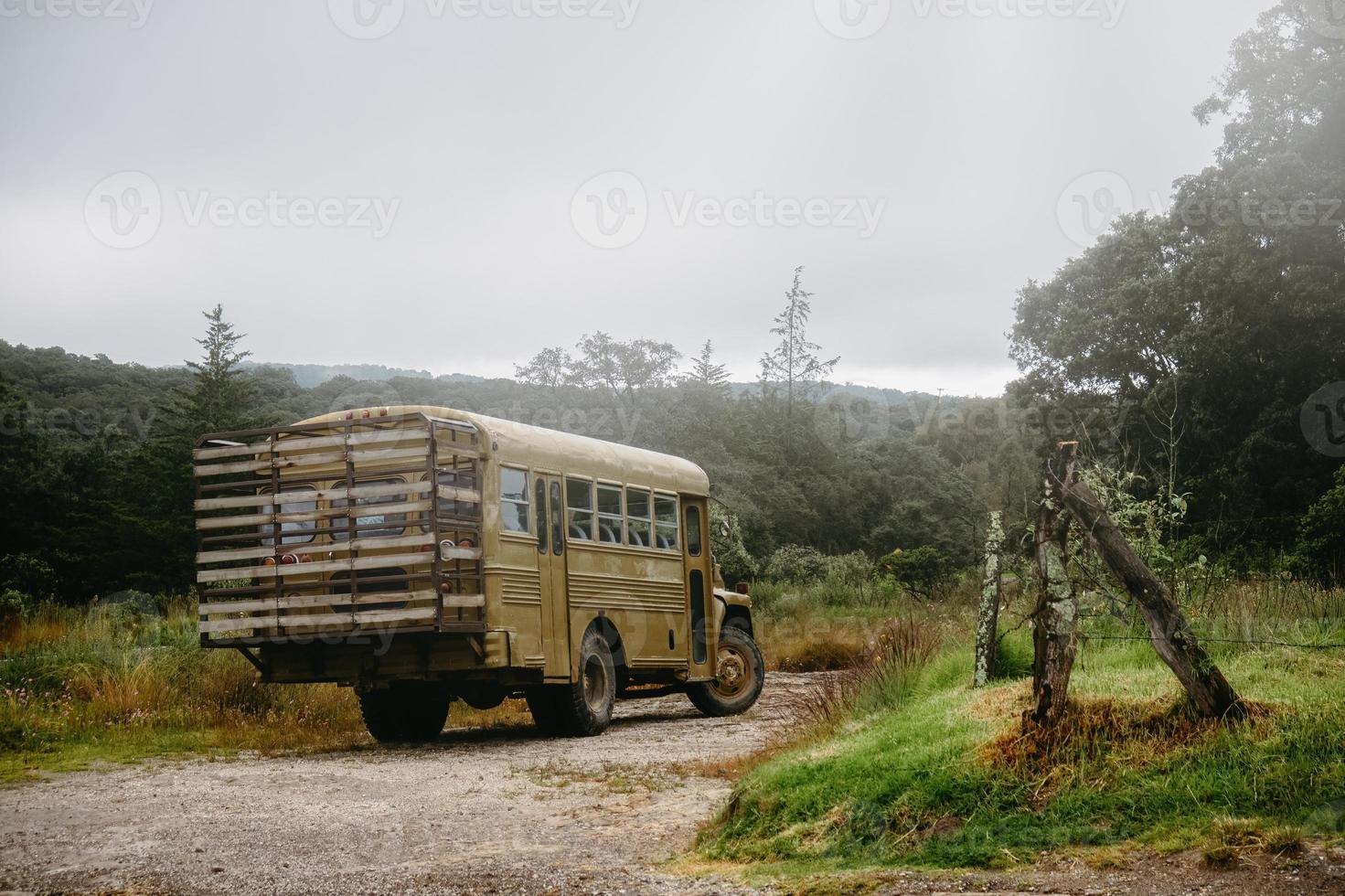 viagens vintage ou ônibus de acampamento no meio da floresta foto