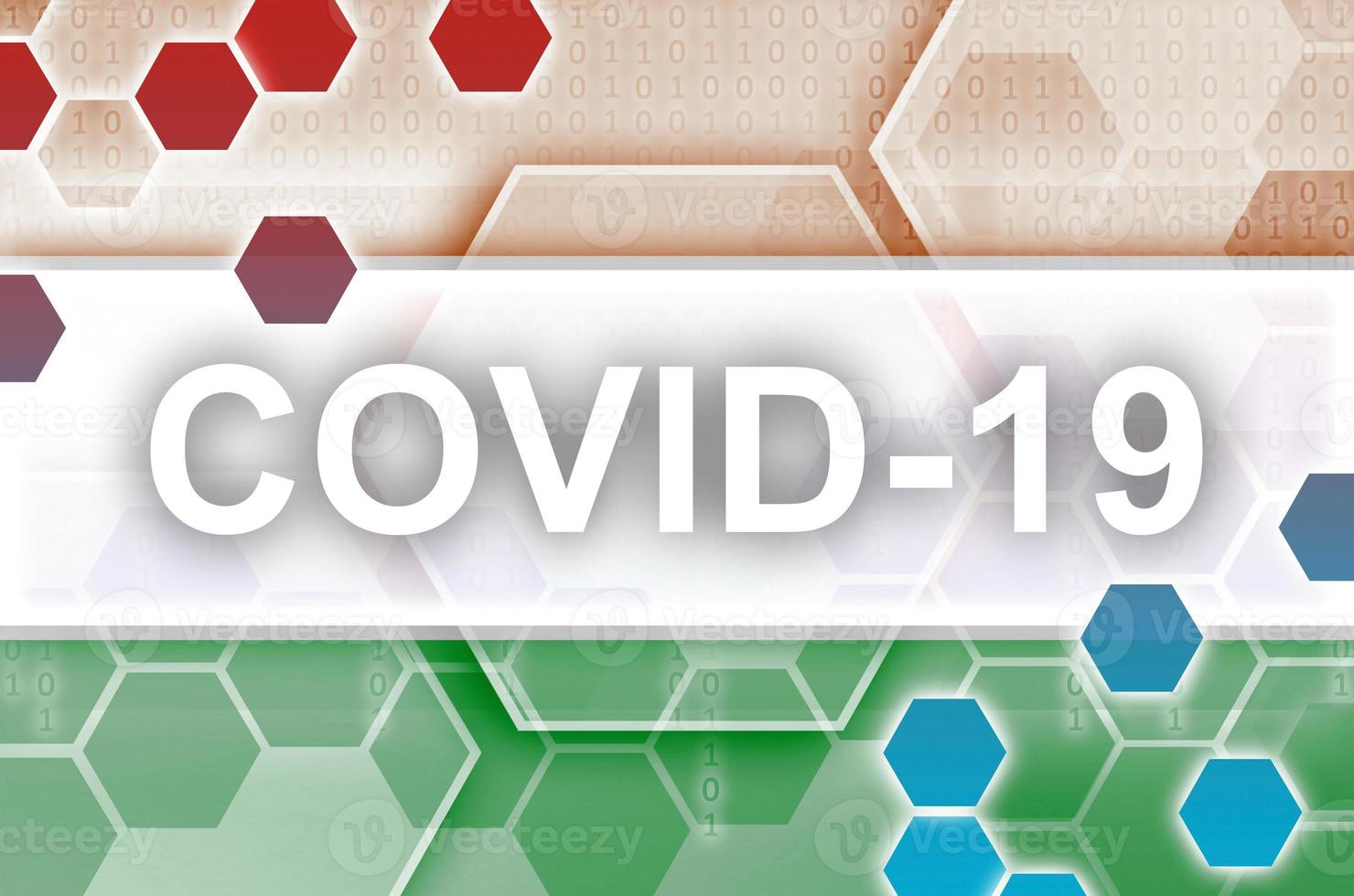 bandeira do niger e composição abstrata digital futurista com inscrição covid-19. conceito de surto de coronavírus foto