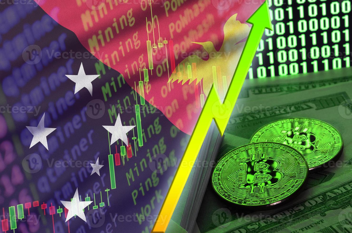bandeira de papua nova guiné e tendência crescente de criptomoeda com dois bitcoins em notas de dólar e exibição de código binário foto