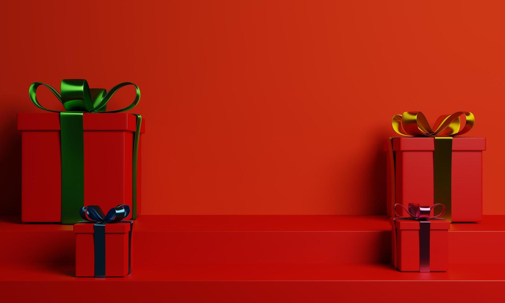 fundo de natal e ano novo com caixa de presente vermelha sobre fundo vermelho. fundo de renderização 3D foto