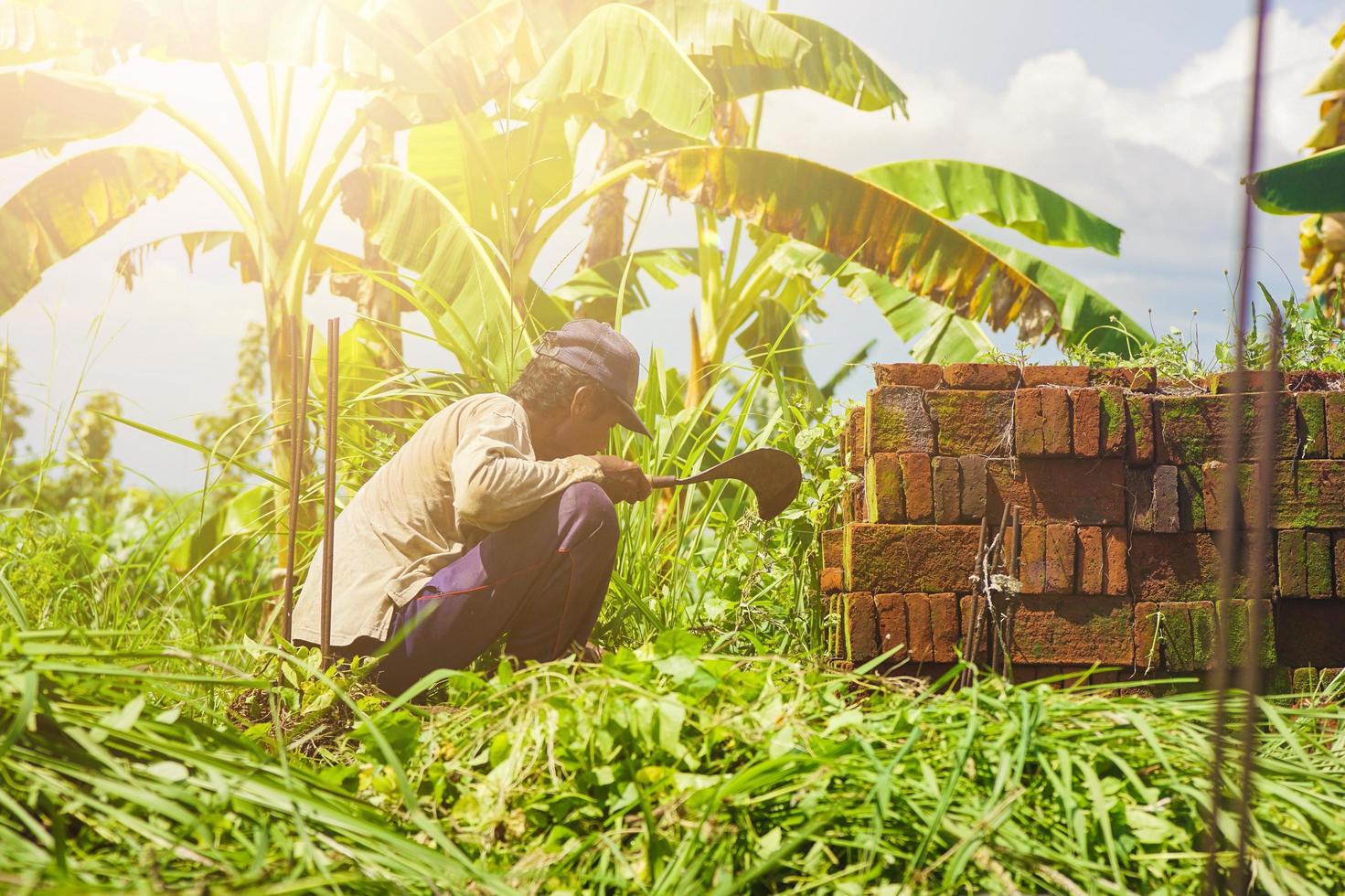 um agricultor de capuz corta as ervas daninhas com uma foice foto