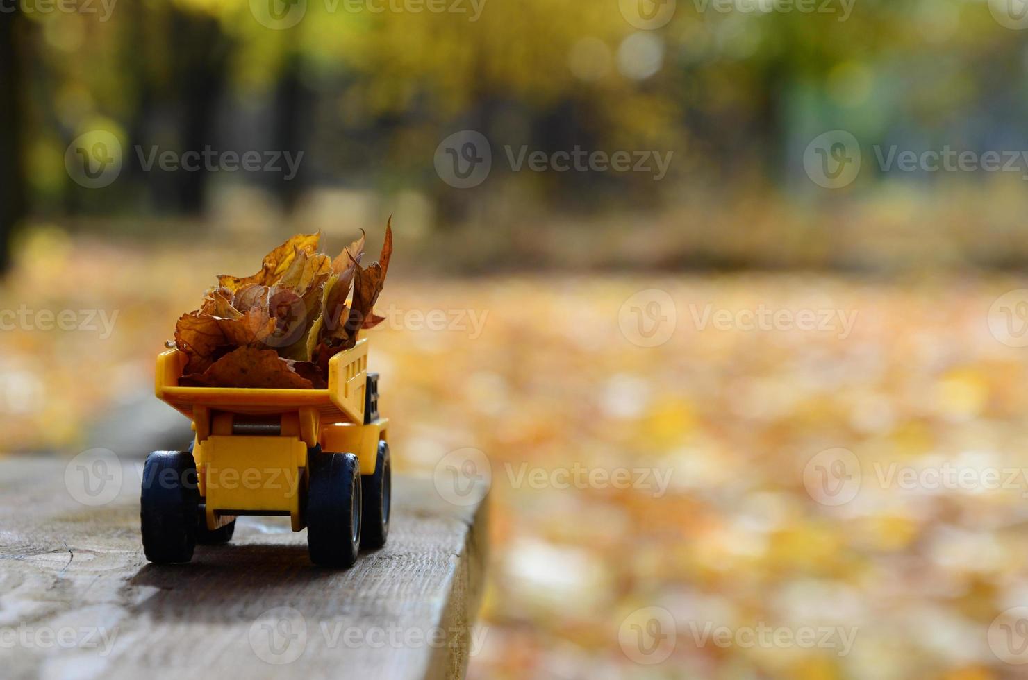 um pequeno caminhão amarelo de brinquedo é carregado com folhas amarelas caídas. o carro fica em uma superfície de madeira contra um fundo de um parque de outono embaçado. limpeza e remoção de folhas caídas. trabalhos sazonais foto