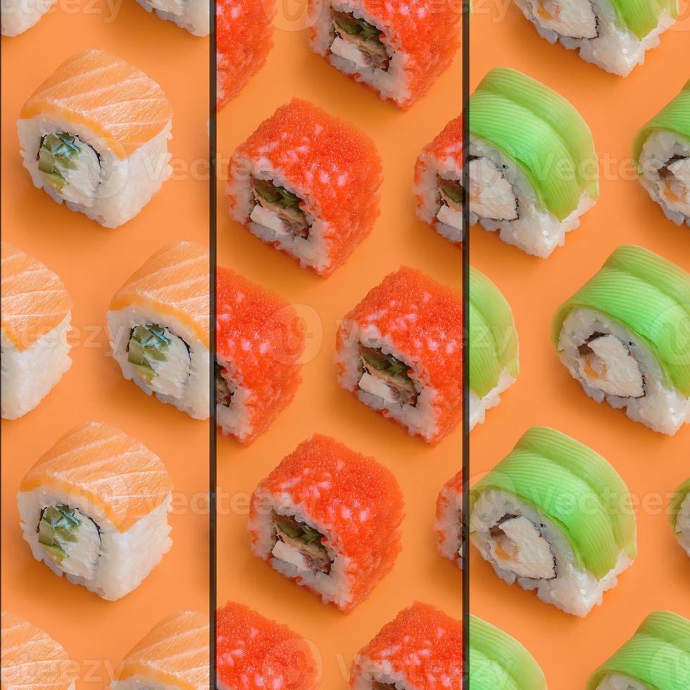 colagem com diferentes tipos de rolos de sushi asiáticos em fundo laranja. minimalismo vista superior plana padrão leigo com comida japonesa foto