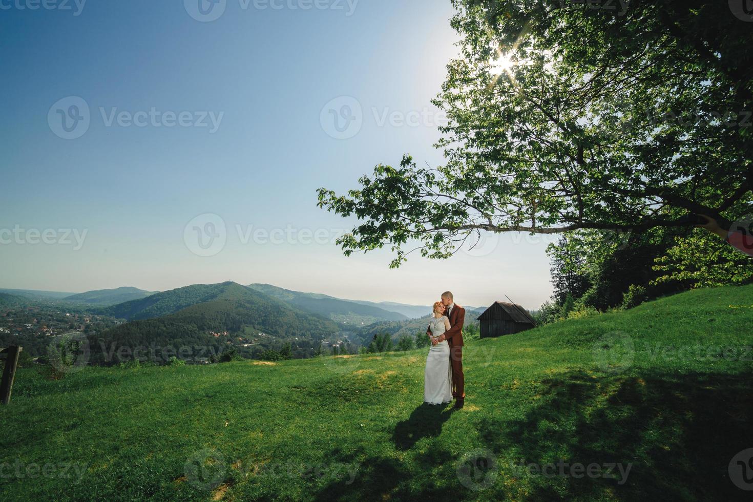 feliz elegante noiva e noivo correndo e se divertindo nas montanhas em dia ensolarado de verão. lindo casal recém-casado rindo, sentimentos verdadeiros. momento romântico emocional. foto