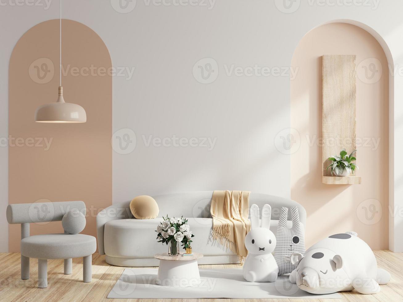 interior de estilo boho com sofá cinza e poltrona cinza na decoração boho. renderização de ilustração 3D foto