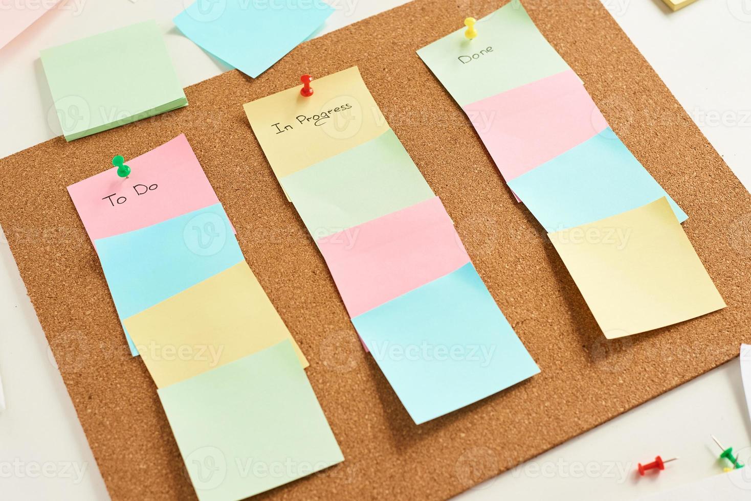 notas de papel coloridas com palavras para fazer, em andamento e feitas fixadas em uma placa de cortiça foto