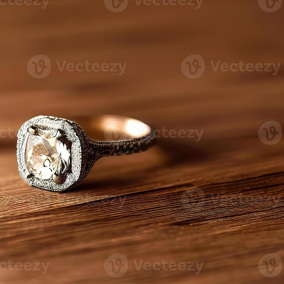 anel de noivado 3d colocado na mesa render foto