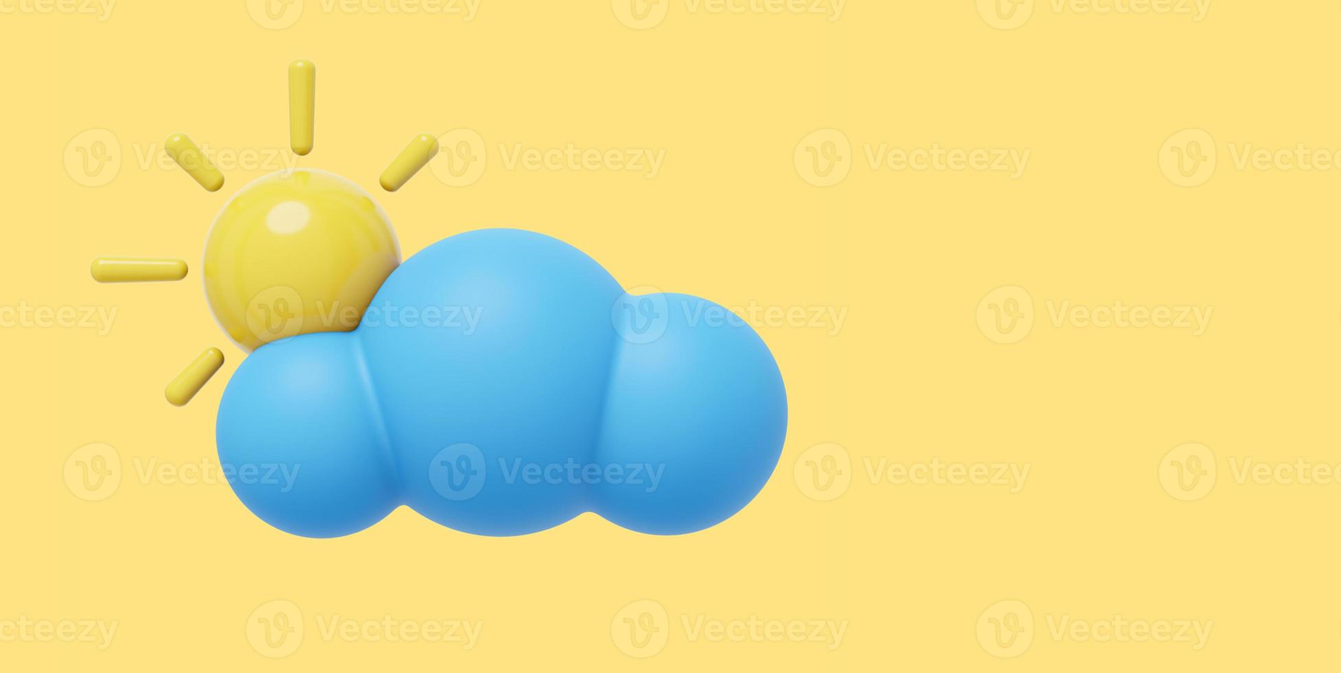nuvem azul dos desenhos animados com sol. renderização 3D. ícone em fundo amarelo, espaço para texto. foto