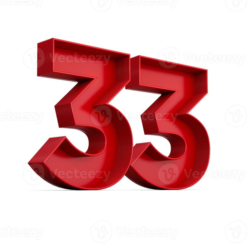 dígito vermelho 33 ou trinta e três com sombra interna isolada em branco. foto