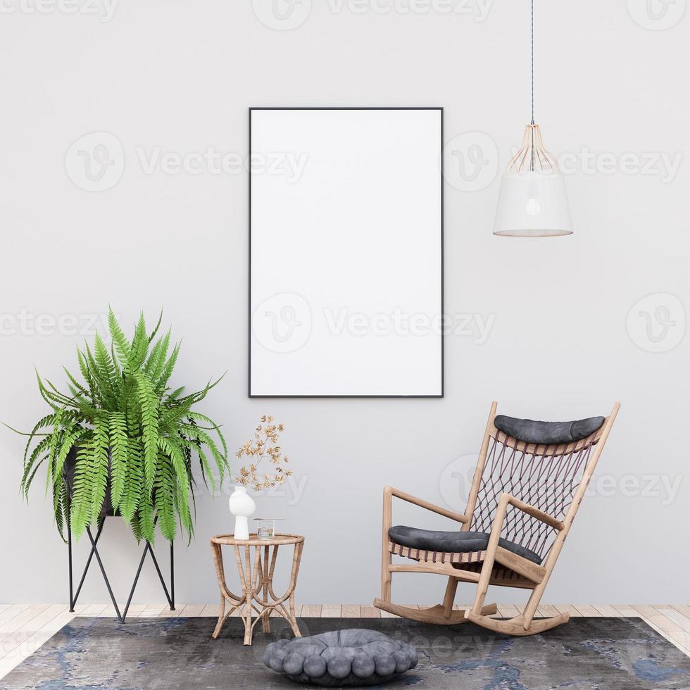 simular o quadro de pôster no interior moderno, totalmente mobiliado, fundo de quartos, sala de estar, foto