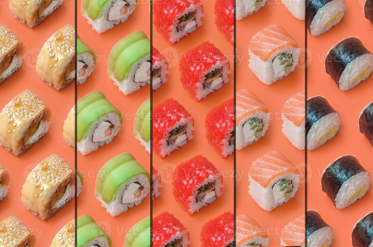 colagem com diferentes tipos de rolos de sushi asiáticos em fundo laranja. minimalismo vista superior plana padrão leigo com comida japonesa foto