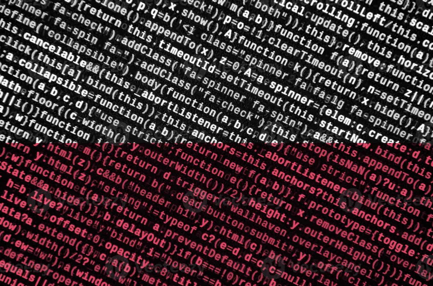 A bandeira da polônia é mostrada na tela com o código do programa. o conceito de tecnologia moderna e desenvolvimento de sites foto