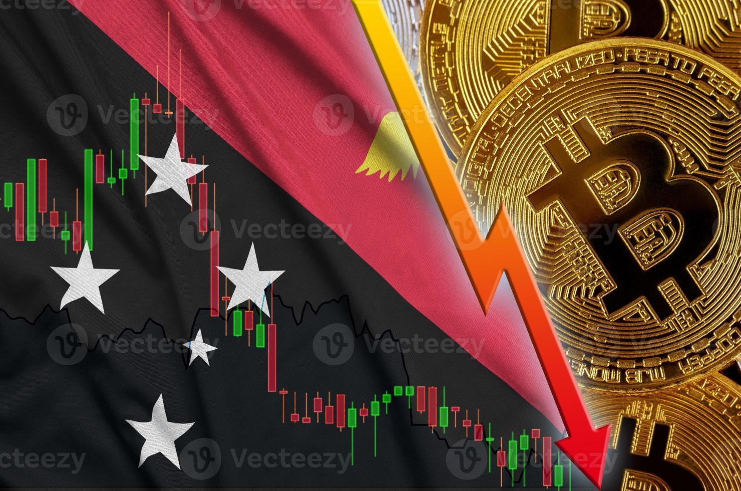 bandeira de papua nova guiné e tendência de queda de criptomoeda com muitos bitcoins dourados foto