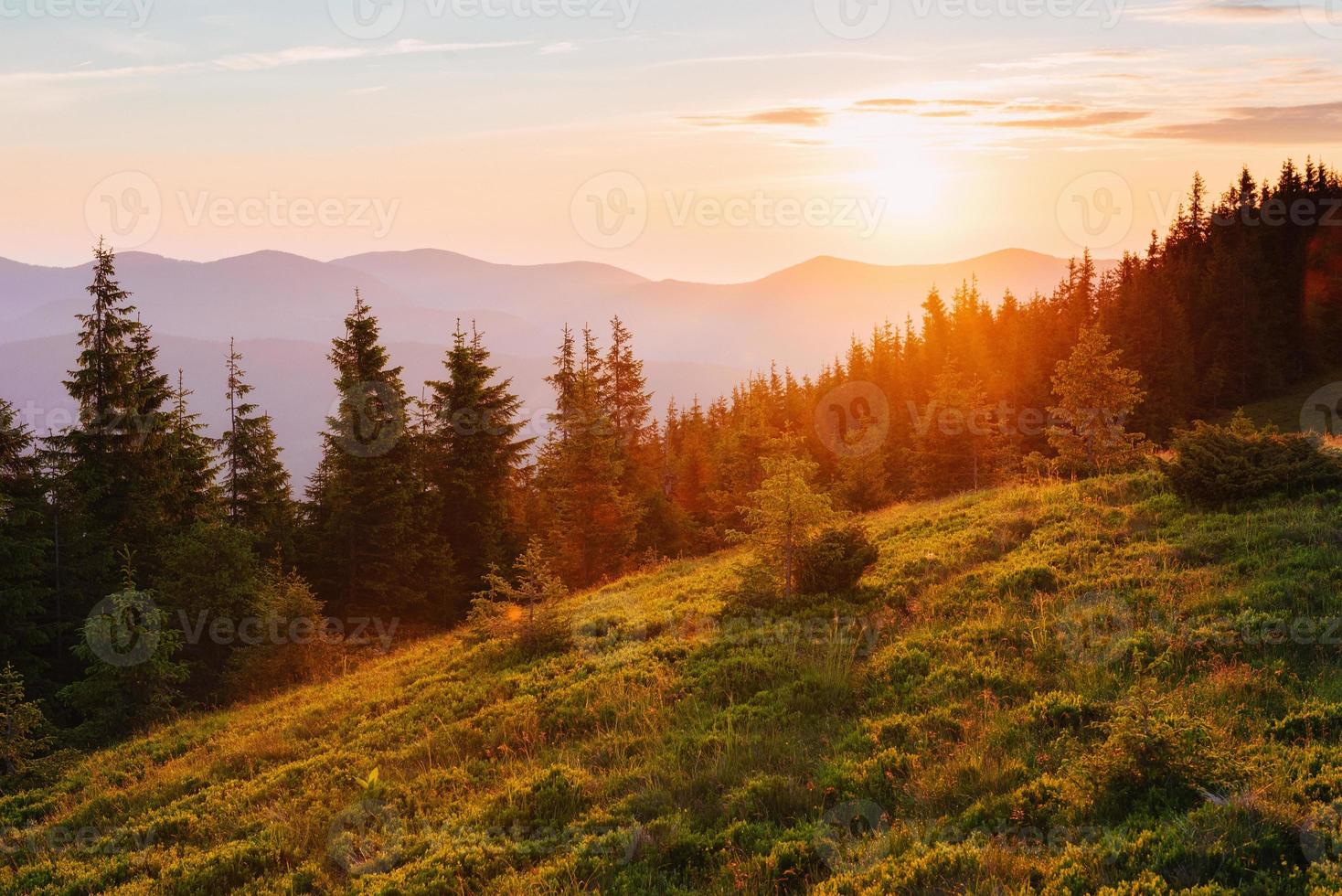 belo pôr do sol nas montanhas dos Cárpatos na Ucrânia. foto