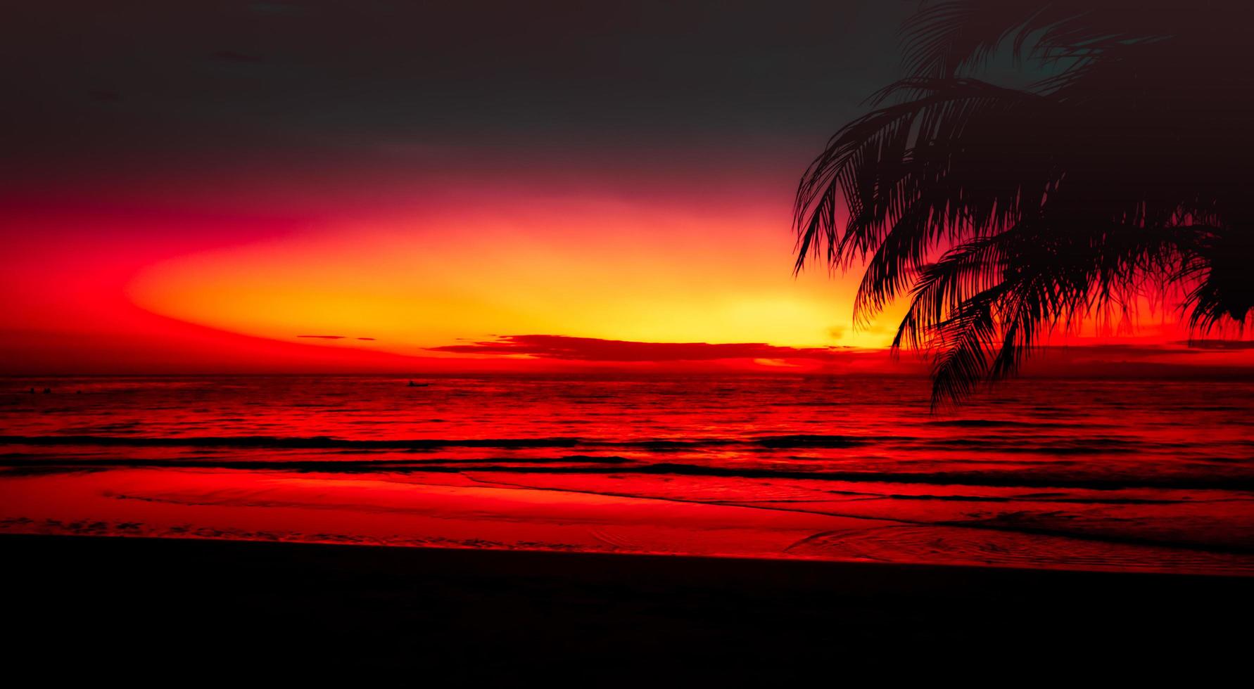 belo pôr do sol com palmeiras no fundo da praia do mar tropical foto