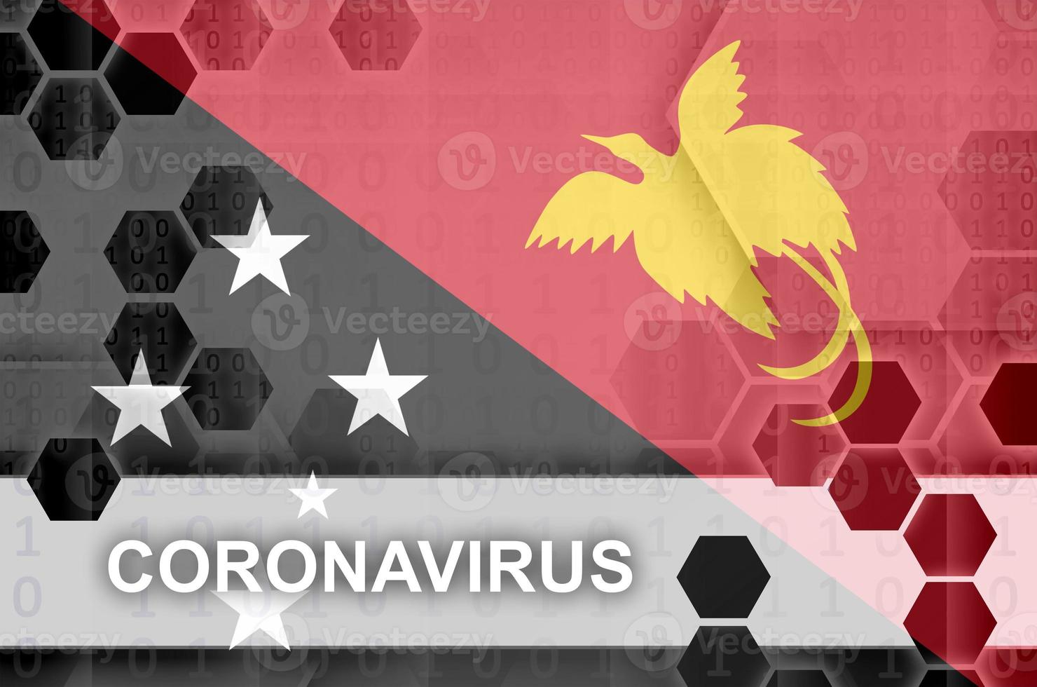bandeira de papua nova guiné e composição abstrata digital futurista com inscrição de coronavírus. conceito de surto covid-19 foto