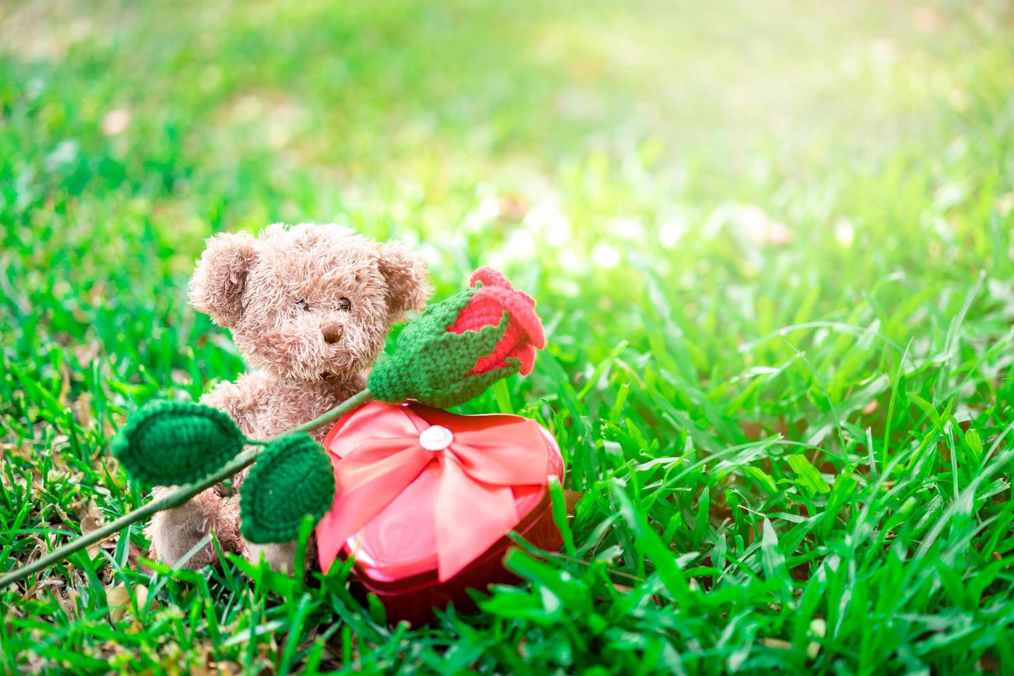 urso de pelúcia sentado com uma rosa vermelha e um coração foto