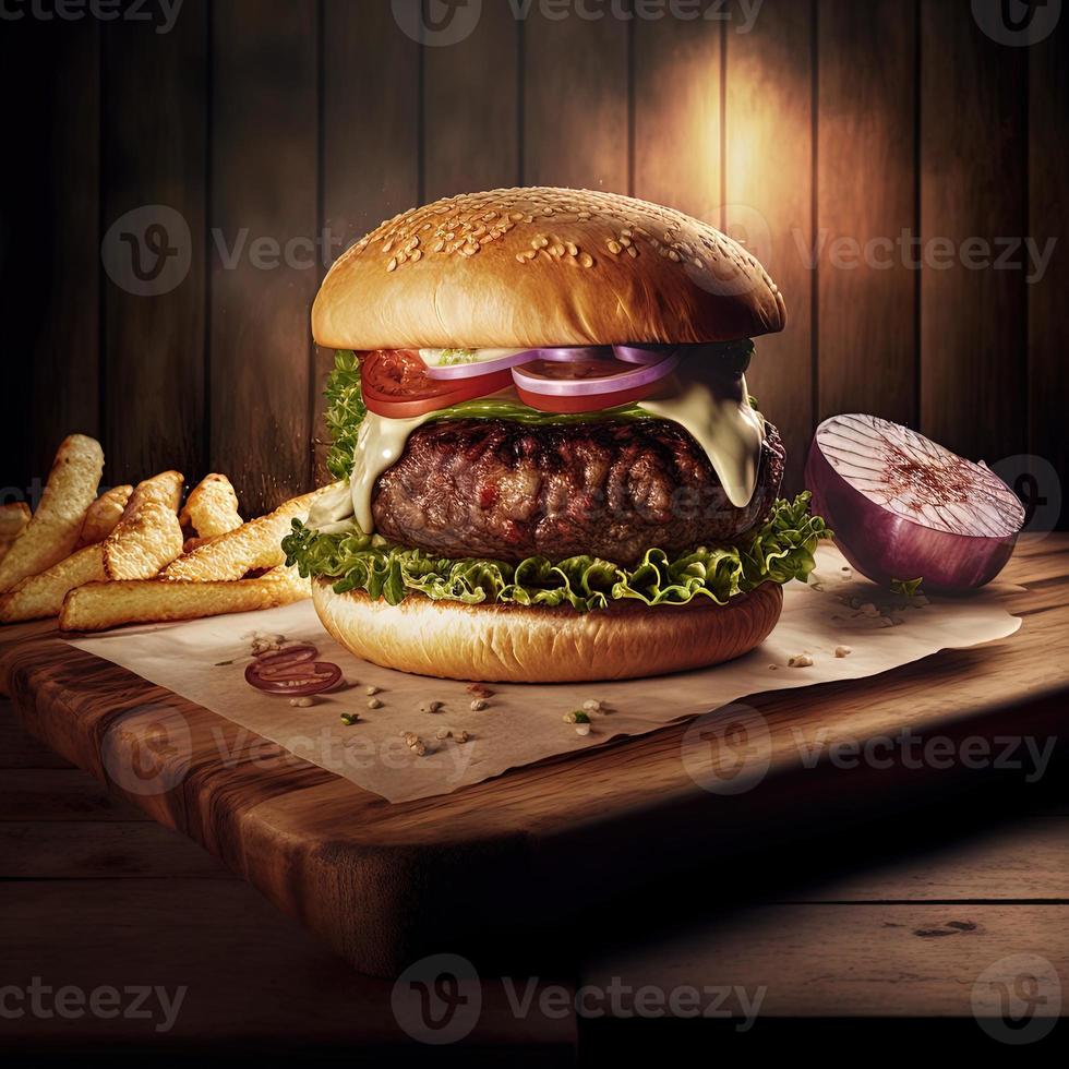 delicioso steakburger caseiro em uma velha mesa de madeira. close-up de alimentos pouco saudáveis de gordura. foto