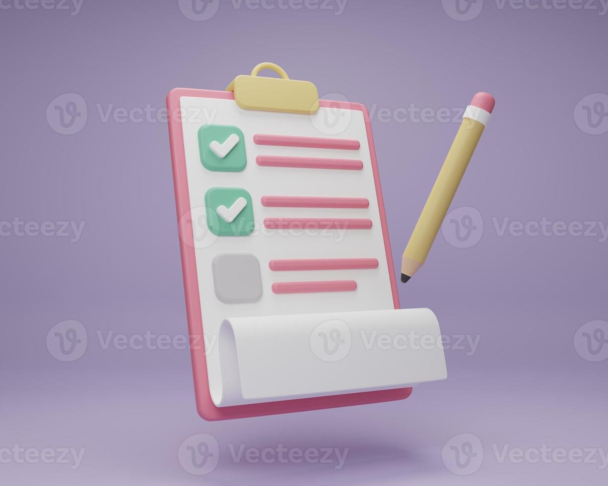 ilustração de renderização 3d lápis mínimo de desenho animado na lista de verificação da área de transferência, verificação de gerenciamento de papel de nota. ícone do bloco de notas. plano de trabalho para o sucesso. tarefa de marcação de documento em horário comercial. foto