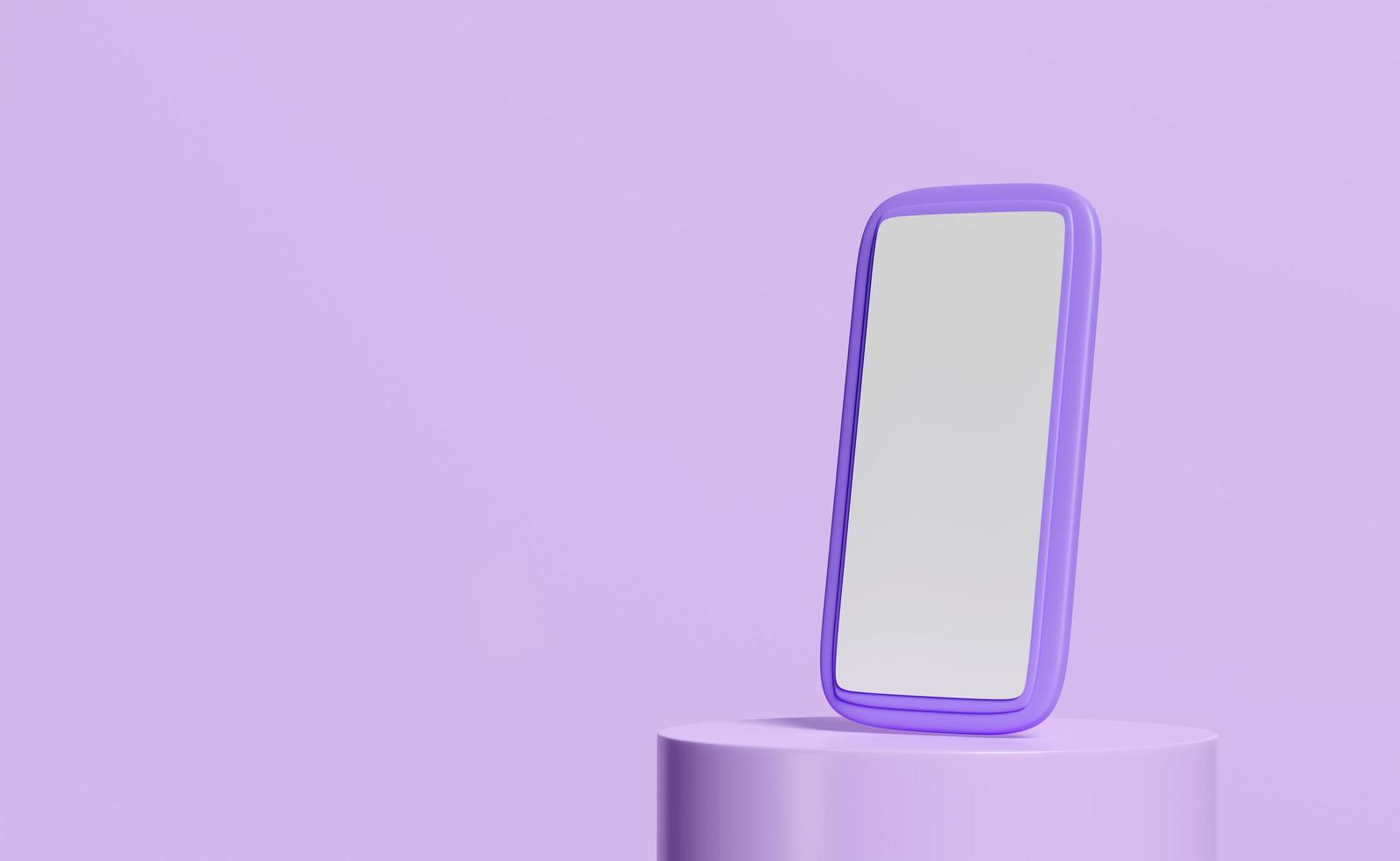 telefone inteligente móvel 3d com pódio de cilindro isolado em fundo roxo. pedestal de vitrine, pedestal, cena moderna mínima, ilustração de renderização 3d foto