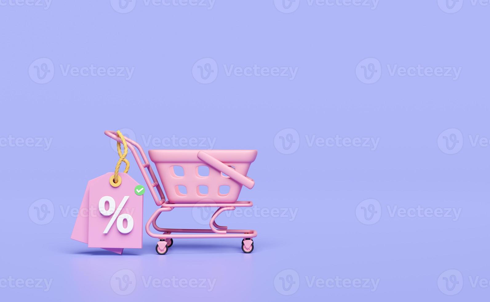 Ícone de vendas com desconto 3D para compras on-line com carrinho de compras rosa, cesta, cupom de etiquetas de preço isolado em fundo roxo. conceito de bônus de promoção de marketing, ilustração de renderização 3d foto