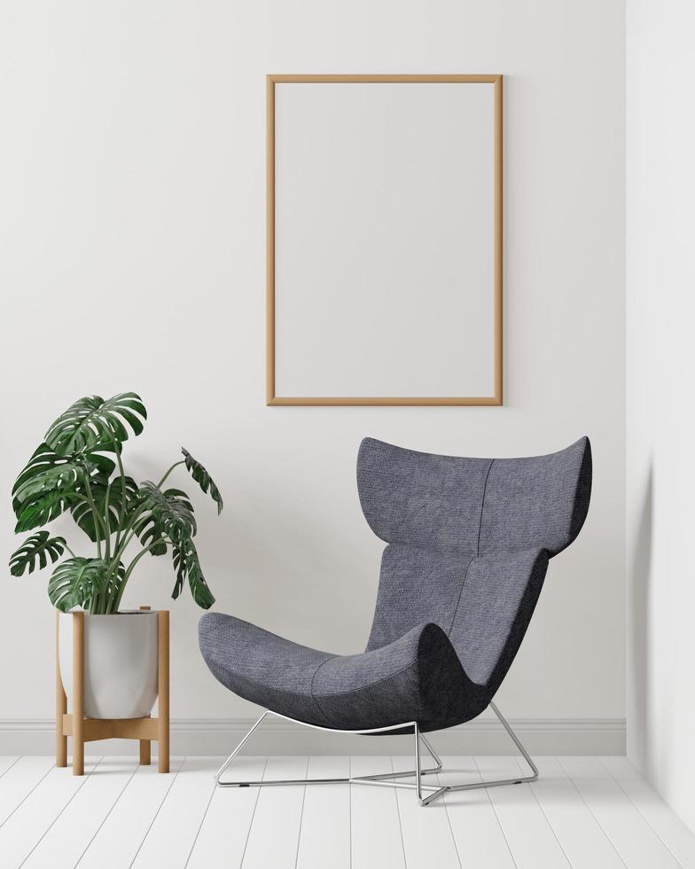 sala de estar no fundo da parede branca, árvore no armário, estilo minimalista, forma de moldura simulada - renderização em 3d - foto