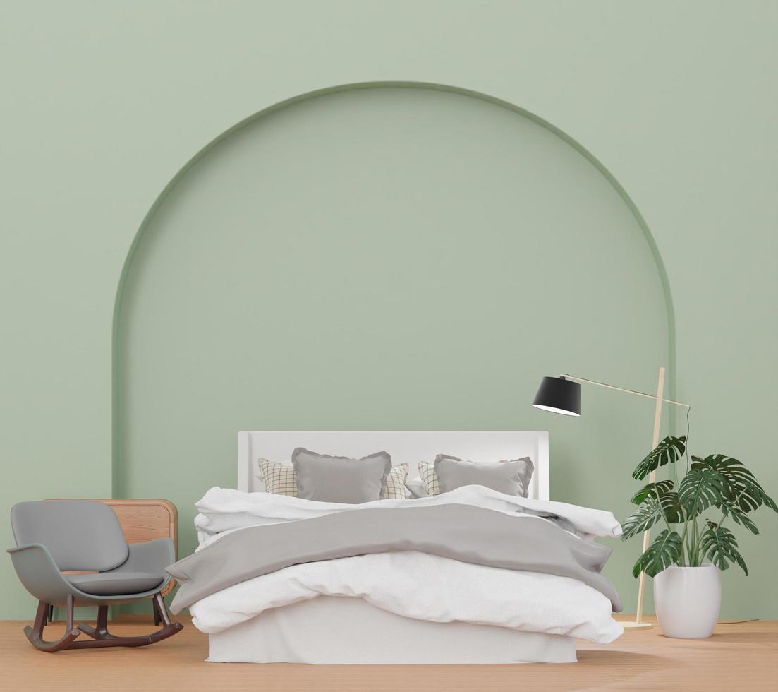 quarto e parede verde, grande parede curva, estilo minimalista, simular e copiar a parede do espaço - renderização em 3d - foto