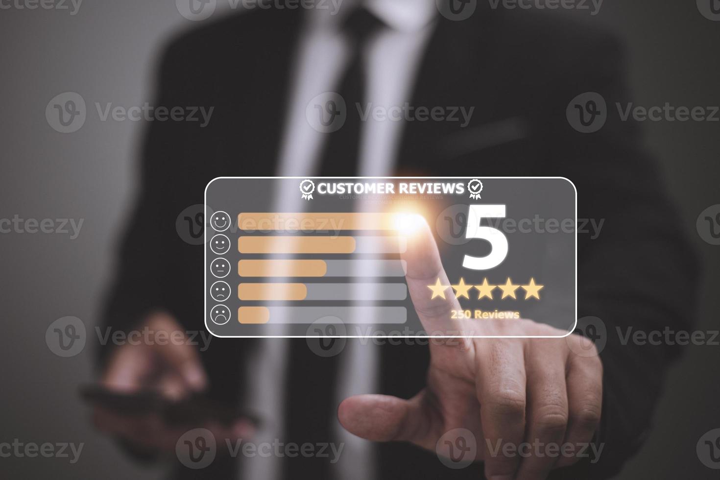 avaliação do cliente bom conceito de classificação, avaliação do cliente por feedback de cinco estrelas, depoimento de feedback positivo do cliente. foto