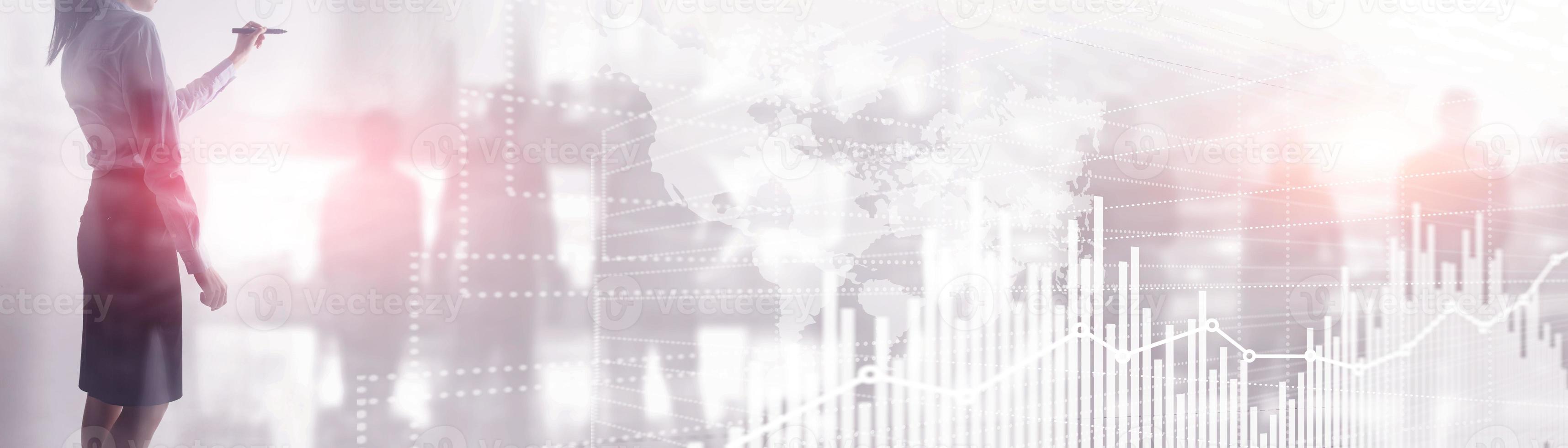 interface de tecnologia financeira futura. gráfico gráfico do mercado de ações. mapa-múndi na tela virtual. banner do site. foto