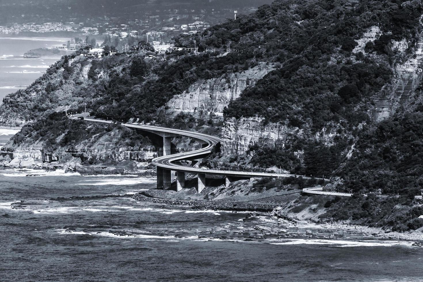 escala de cinza de uma ponte perto do mar foto