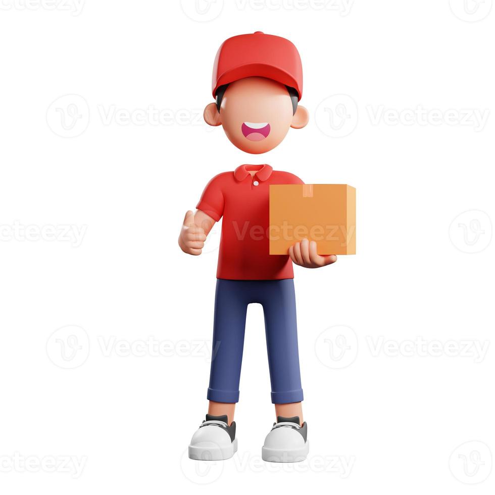 Personagem 3D de correio fazendo pose de polegar para cima com segurar uma caixa foto