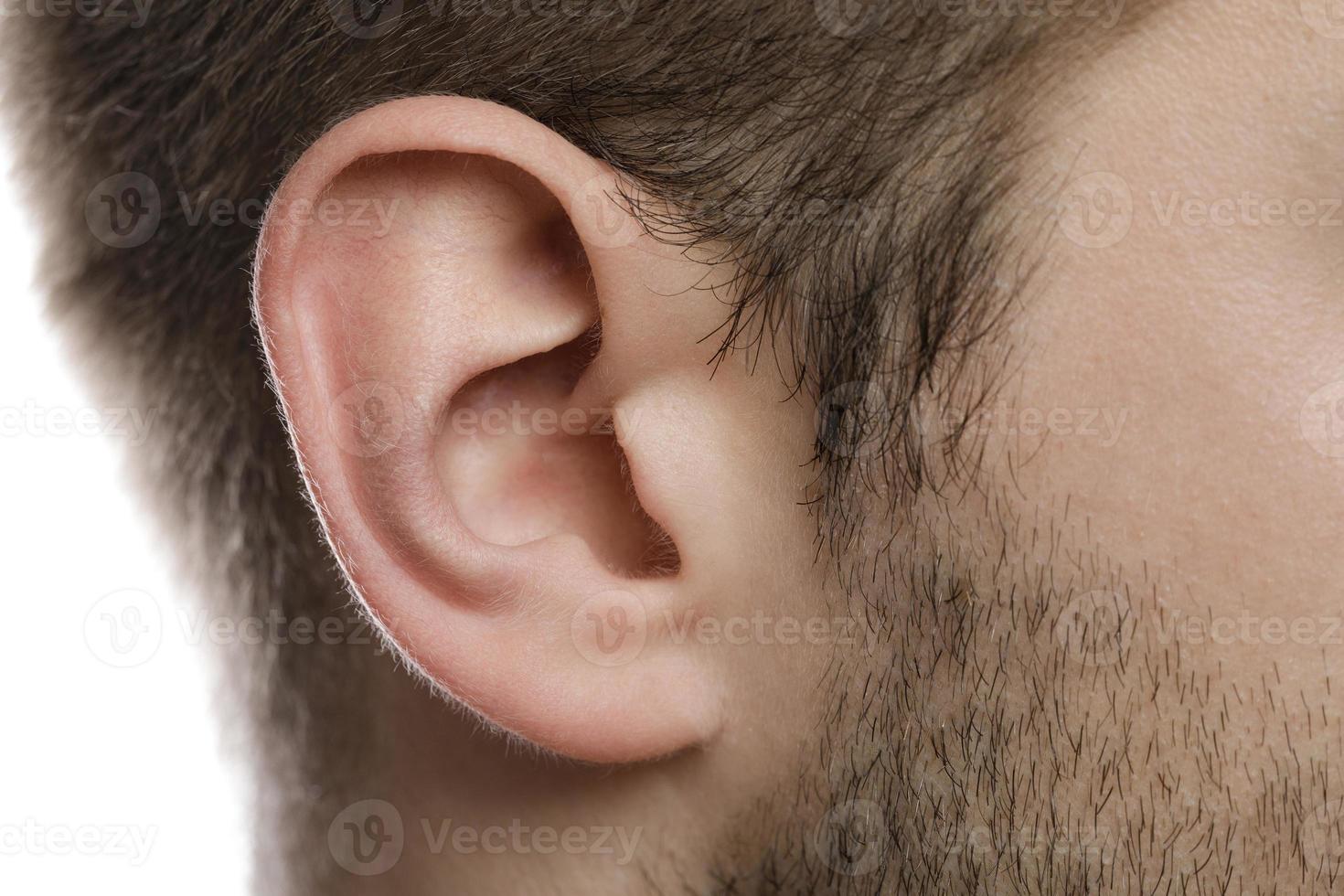 close-up da orelha masculina. saúde e cuidados com a pele foto